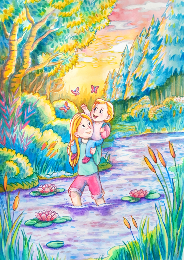 Ilustracja dziecięca akwarelowa "Przez rzekę"